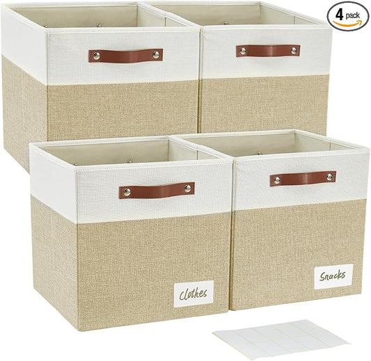 Bagnizer 13x15x13 Storage Cube Bins, Foldable Storage Organizer Baskets, Fabric Cube Storage Boxes with 2 Reinforced PU Handles for Kallax, Shelves, Living Room | 4 Pack, Beige & White
