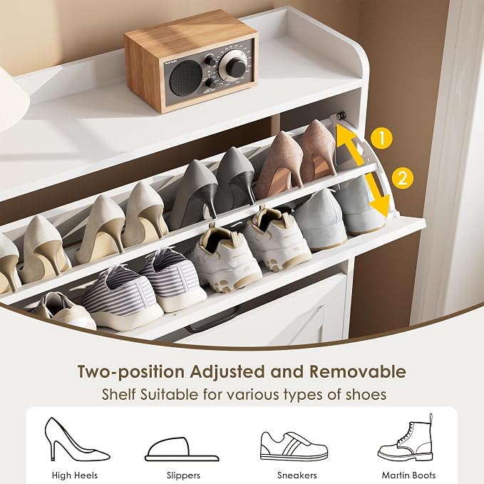 Nicetree Shoe Storage Cabinet with 2 Flip Drawers, Entryway Cabinet, White | Slim Shoe Cabinet with Metal Legs, Narrow Farmhouse Shoe Organizer for Entryway, Foyer, Hallway, Wood Shoe Rack with Hook