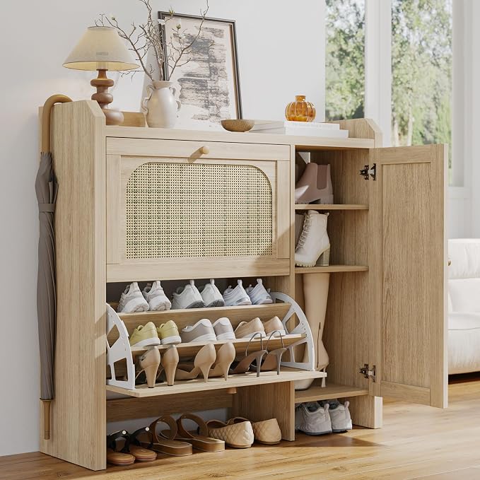 Shoe Cabinet Storage for Entryway with 2 Flip Drawers(3-Tier), Rattan Freestanding with Door & 3 Adjustable Shelve,Hidden Shoe Rack Organizer for Hallway, Foyer