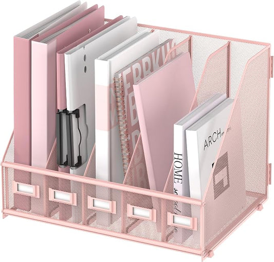 SUPEASY Desk Organizers Metal Desk Magazine File Holder with 5 Vertical Compartments Rack File Organizer for Office Desktop, Classroom, Home Workspace, Pink