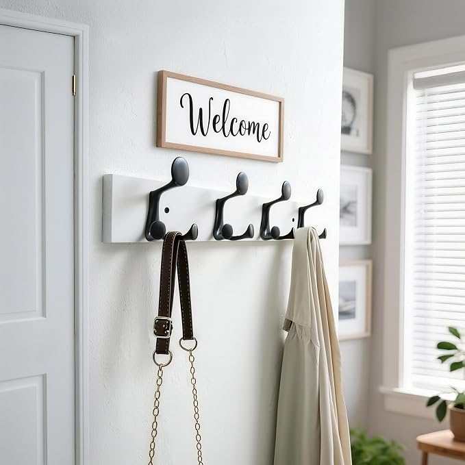 WEBI Coat Rack Wall Mount,24" Solid Wood Coat Hooks Wall Mounted Coat Hanger,16" Hole to Hole,Heavy Duty Hook Rack Rail,4 Triple Hooks for Hanging Coats,Jacket,Clothes,Hat,Backpack,White