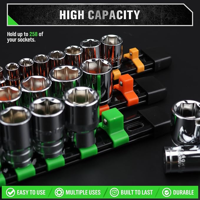 SWANLAKE Socket Organizer Set 18-Piece, 1/4-Inch x 96 Clips, 3/8-Inch x 90 Clips, 1/2-Inch x 72 Clips, Socket Organizer for Tool Box Drawer, Drive Socket Trays, Socket Holder Clip Rail
