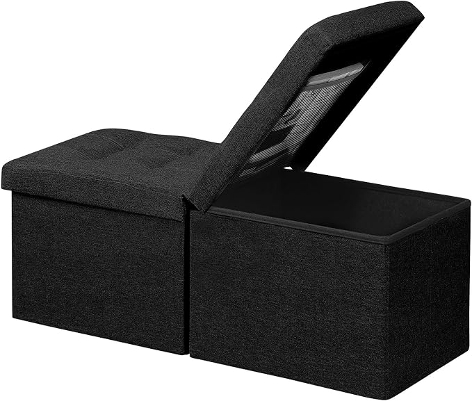 AmasSmile Footrest Ottoman Storage Bench, 34" Linen Folding Stool, Black | Large Ottoman with Storage, Thicker Foam Padded Seat, Livingroom, Dorm, Bedroom, Entryway, Easy to install, 34 x 13 x 13in