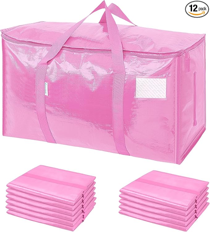 TICONN 12 Pack Extra Large Moving Bags Heavy Duty with Zippers & Carrying Handles, Durable Storage Bags Moving Boxes for Closet Organizers and Storage (12 Pack, Pink)