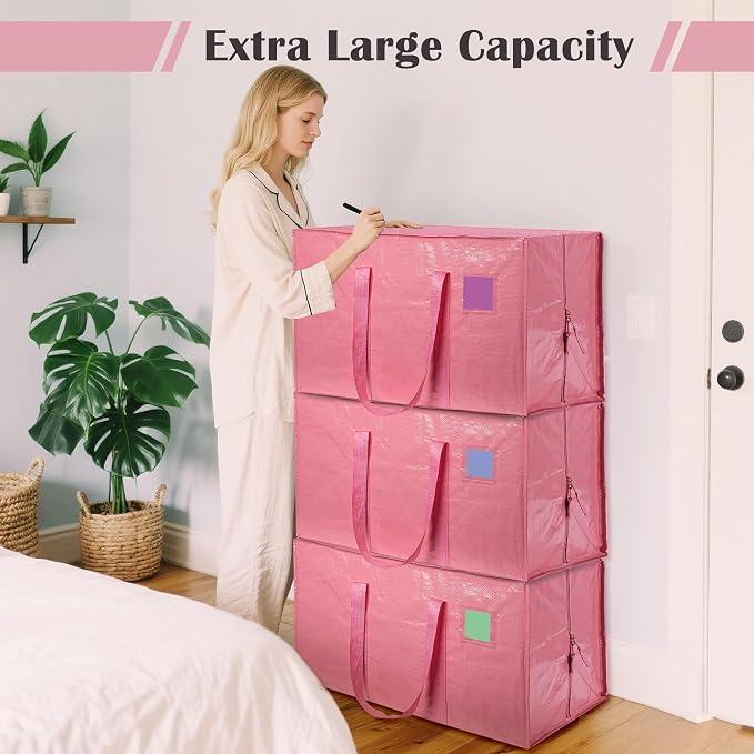 6 Pack Moving Bags with Full-Open Side Zipper, Extra Large 93L Heavy Duty Waterproof Foldable Storage Totes for College Dorm, Moving & Home Organization Pink