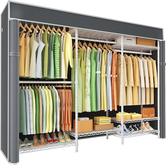 E13C Heavy Duty Closet Organizer System，Freestanding Clothing Racks for Hanging Clothes，Adjustable Garment Rack 63" W x 16" D x 77" H Hold 960 lbs，White Clothing Rack with Grey Dustproof Cover