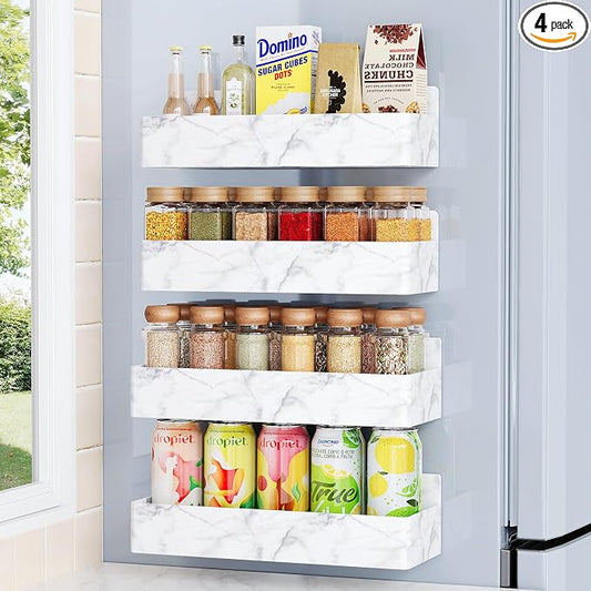 Mystozer Magnetic Spice Rack for Refrigerator, Kitchen Organizer and Storage Shelf, Marble(4 Pack)