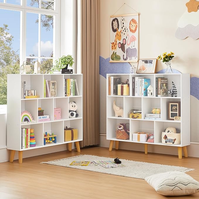 LEYAOYAO 10 Cube Bookshelf, Mid-Century Modern Book Shelf with Legs, White | 3 Tier Bookcase, Rustic Wood Bookshelves Freestanding Large Storage Organizer, Open Shelves for Bedroom, Living Room, Office