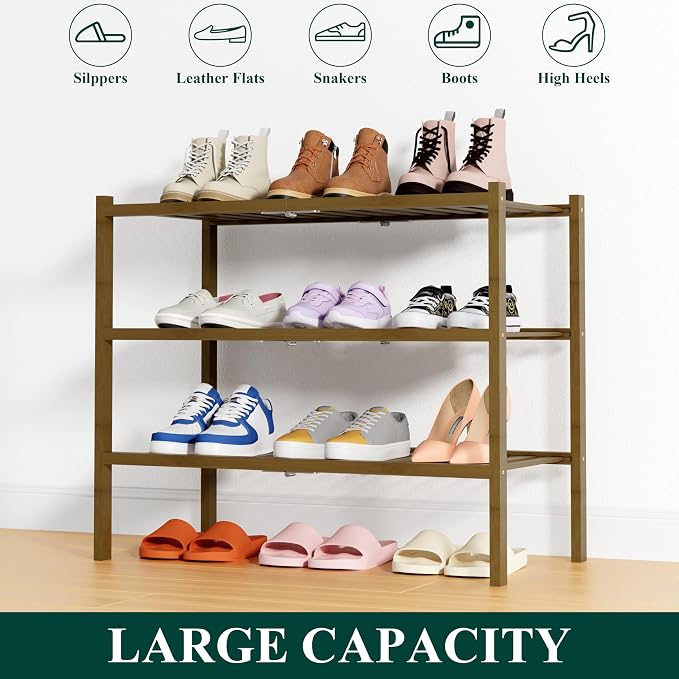Smiry Bamboo Shoe Rack, 14 Vertical Slats, 3 Tier - 26.8" Wide, Walnut | Stackable Free Standing Wooden Shoe Organizer, Wood Shoe Storage Shelf for Closet, Entryway, Thicher Leg