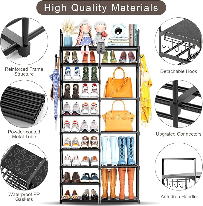 Kottwca 2 Row 10 Tier Tall Shoe Rack Organizer for Closet Entryway, 40-45 Pair Shoe Boot Storage Rack, Metal Shoe Shelf Small Vertical Stackable Shoe Stand for Bedroom Corner