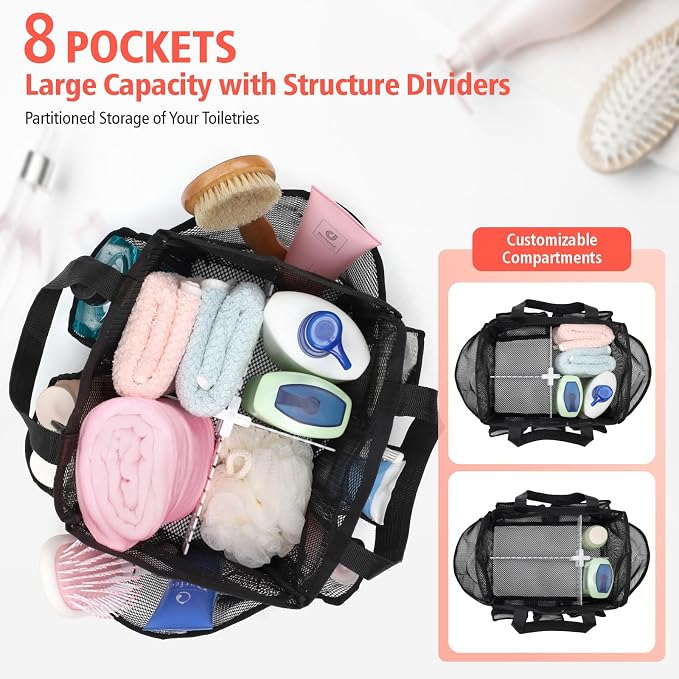 Mesh Shower Caddy Portable with Dividers - 2-Handle Shower Bag for Dorm | 8 Deep Pockets, S-Hook, Quick-Dry Mesh, College Dorm Room Essentials for Girls, Camping, Gym, Travel & Bathroom, Black