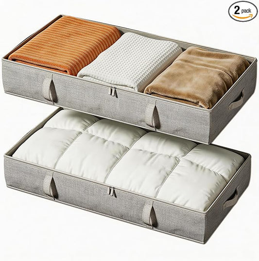 Vailando Storage Containers, 6 Inches Tall 60L Underbed Storage Bins with Sturdy Handles and Sidewalls, Closet Organizer for Clothes, Blankets, Seasonal Items, Gray, 2-Pack