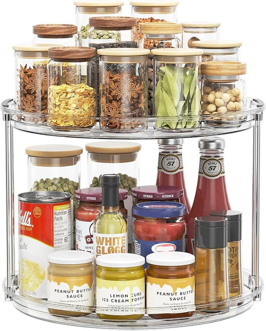 LAMU 12in 2 Tier Lazy Susan Organizer Large Lazy Susan Turntable Rotating Spice Rack Organization for Cabinet, Kitchen, Pantry, Countertop, Bathroom, Vanity, Medicine Cabinet Organizer, Clear