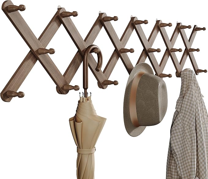 OROPY Accordion Wall Hanger with 20 Pegs, Expandable Wooden Coat & Hat Rack | Walnut Color, Hat Display Rack, X Shape Rack for Coat, Hats, Bags, Baseball Caps, Coffee Mug, Jewelry