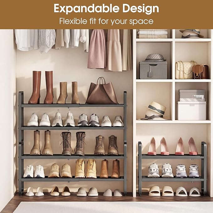 SAYZH Expandable Shoe Rack for Closet, Adjustable Metal Shoe Organizer with Sturdy Mesh Shelves for Boots & Heels, Stackable Shoe Storage for Entryway, Garage, Small Spaces (Grey, 4-Tier)