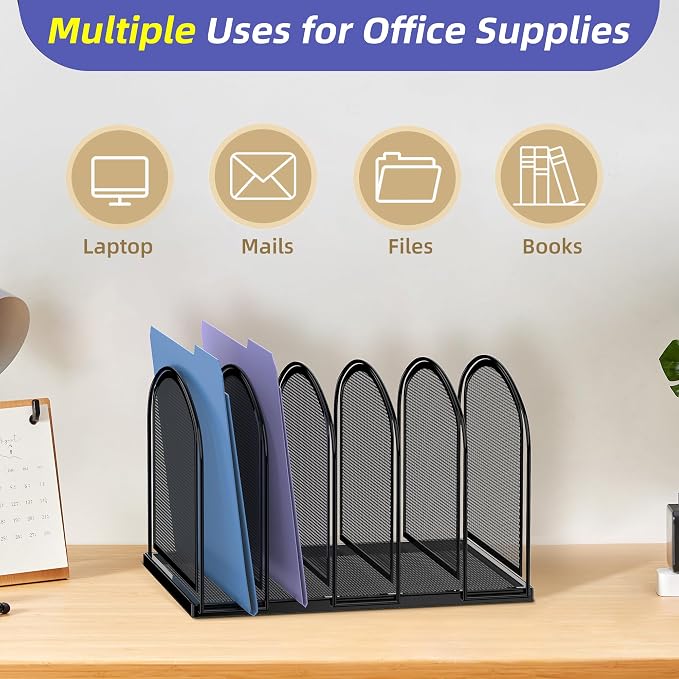SUPEASY 5-Section File Organizer for Desk, Metal File Folder Holder, Black | 5 Vertical Compartments with Sturdy Metal Base for Office Documents Books Magazines and Laptop