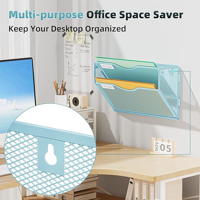 Marbrasse Wall File Holder 2-Tier Hanging Wall File Organizer, Mesh Mail Holder for Papers, Wall Mount File Clipboard & Magazine Organizer Great for Office Home (Blue)