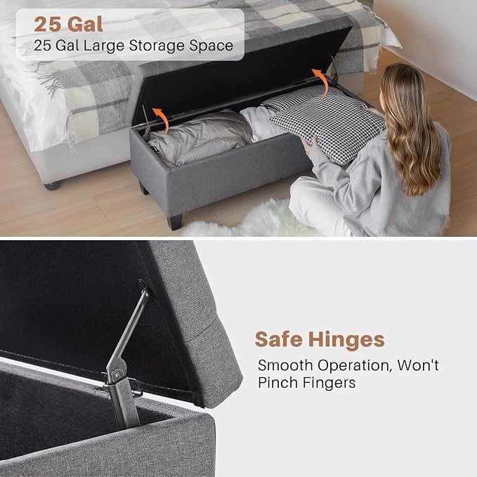 Redlife 42" Storage Ottoman Bench, End of Bed Storage Bench,330 LBS Load | Button Tufted Fabric , Solid Wood Leg, Safety Hinge, Ottoman with Storage for Bedroom Living Room Entryway, Gray
