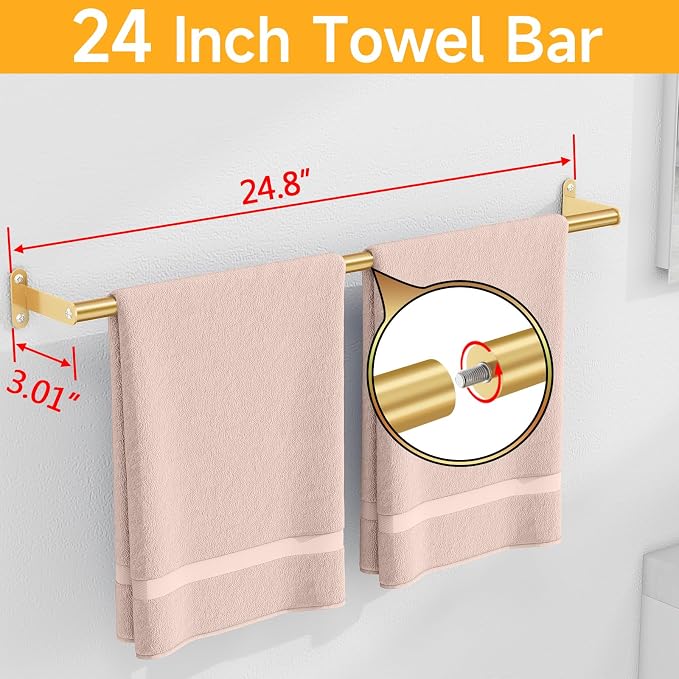 MKO Towel Bar for Bathroom Wall, 24 Inch Single Towel Rod Rack, Gold | Stainless Steel, Towel Racks for Bathroom, Wall Mounted, Hand Towel Holder
