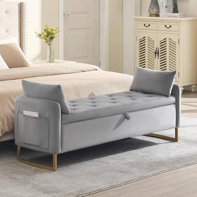 65" End of Bed Storage Bench, Storage Bench for Bedroom with Tufted Button Upholstered and Gold Legs, Ottoman Bedroom Benches with Armrests for Living Room Window, Light Grey