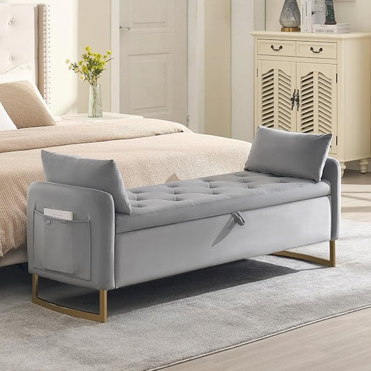 65" End of Bed Storage Bench, Storage Bench for Bedroom with Tufted Button Upholstered and Gold Legs, Ottoman Bedroom Benches with Armrests for Living Room Window, Light Grey