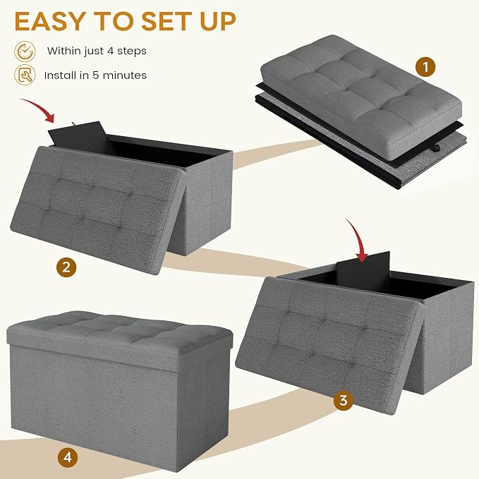 KROFEM 30" Folding Storage Ottoman Bench,Rectangle Foot Rest Stool for Living Room and Bedroom Holds 660 lbs,Synthetic Leather,Light Gray