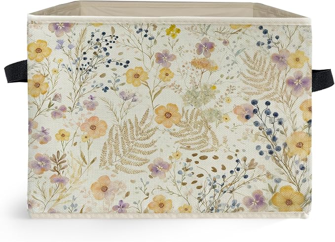 Watercolor Wildflower Storage Box Bins, Vintage Cottagecore Botanical Floral Collapsible Storage Basket Organizer for Bedroom Laundry Room Home Clothes Books, Decor for Room
