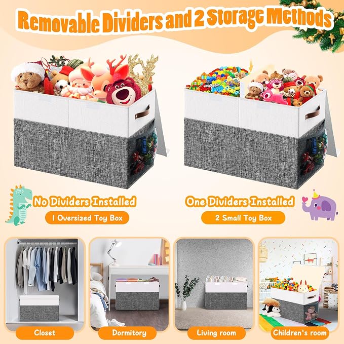 Large Toy Storage Box with Lid & Dividers, Kids Toy Chest, Gray and White | Toy Box for Boys, Girls, Nursery, Bedroom, Living Room, Playroom, 25 x 13 x 16 inches