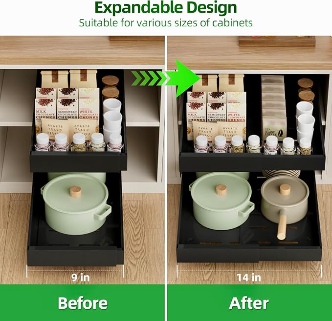 PAKETA 4 Pack Expandable Pull Out Cabinet Organizer,21" Deep | Pull Out Drawers for Cabinets with width from 9" to 14",Sliding Drawers for Cabinets with Upgrade 3 Slide Rails,hold 65 lbs