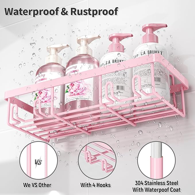 Liuoud 5 Pack Shower Caddy Organizer Rack Shelf for Inside Shower, Adhesive Bathroom Wall Storage Basket Rustproof Stainless Steel Shampoo Holder, Girly Bathroom Accessory Decor Set, Pink