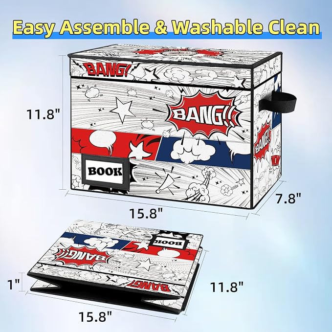 2 Pack Comic Book Storage box, Collection 15.8" X 7.8" X 11.8", Collapsible Holds 160-180 Comic Book Short Box Organizer Container Holder Shelf(Cartoon Clock)