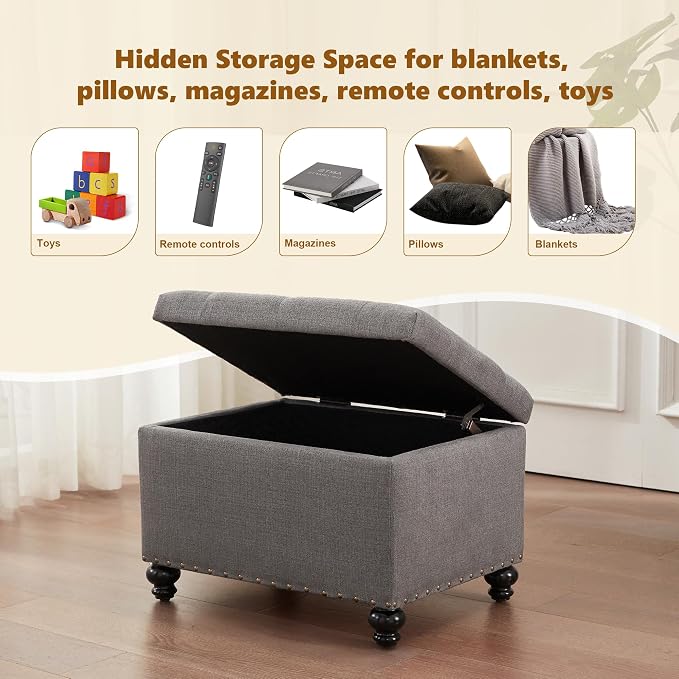Zihanhome Small Ottoman with Storage, Upholstered Button Tufted Ottoman Foot Rest, Foot Stools, 24" Rectangle Bench with Storage for Living Room, Bedroom, Corners, Dorms and Apartments (Grey)