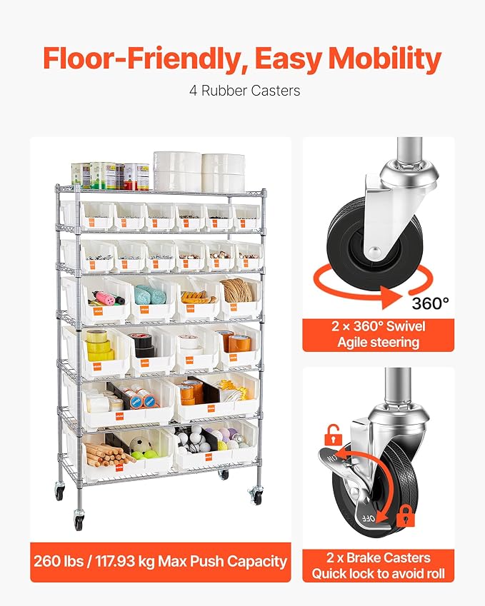 VEVOR 7-Tier Rolling Bin Storage Rack, 24 Organizer Bins, Bin Rack Storage Steel Wire Shelving System with Wheels, Mobile Tool Organizer for Garage, Warehouse, Office, Restaurant, Classroom, Kitchen