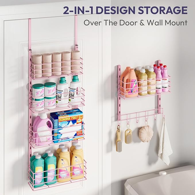 SWTYMIKI Over The Door Organizer - Door Organizer Hanging with 5 Adjustable Metal Large Capacity Basket and 6 Coat Hook, Wall Mounted Shelf for Bedroom Closet Bathroom Laundry Pantry Cabinet Kitchen
