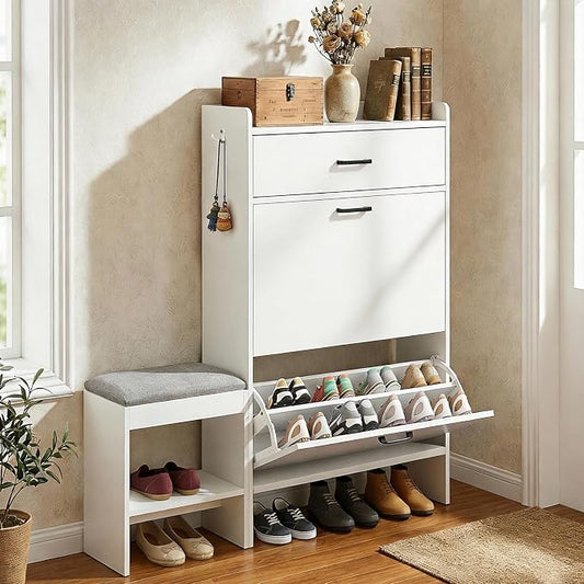 Karl home White Farmhouse Shoe Cabinet, Cushioned Entryway Bench Organizer | Narrow Slim Freestanding Shoe Rack Featuring 2 Flip Drawers and Top Flip Drawer, Ideal for Entryway, Living Room