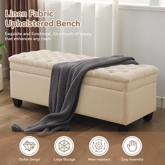 WUTUTUEE 51" Fabric Storage Ottoman Bench, Upholstered Rectangle End of Bed Storage Ottoman Tufted Living Room Bedroom Bench with Safety Hinge, Solid Wood Legs, Loads 500 lb(Khaki)