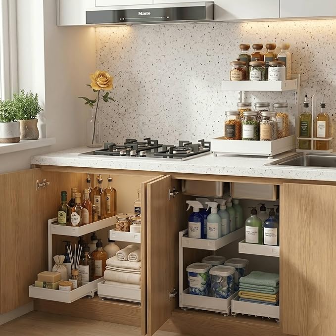 TATAANTY Under Sink Organizer, L-Shaped Metal 2-Tier Double Pull-Out Drawer for Kitchen & Bathroom Cabinets, Adjustable Height Storage - 50lbs Heavy Duty Waterproof 2PCS Height Adjustable