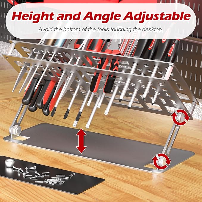 Screwdriver Organizer Holder Rack: Height Adjustable (Silver) | Angle Adjustable Screwdriver Storage for Desktop - Carbon Steel Tool Shelf for rc Repair, Plier