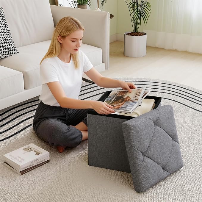 15'' W Storage Ottoman Bench, Folding Storage Bench Ottoman, for Bedroom, Living Room, and Utility Room, Grey
