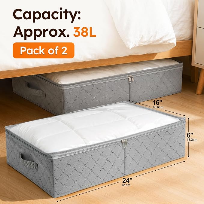 LotFancy Under Bed Storage Bags with Clear Window & Handles, 24” x 16” x 6" | Foldable Closet Organizers, Clothes Blankets Container, Space-saving Storage Bins, with Cardboard Support, Pack of 2, Gray