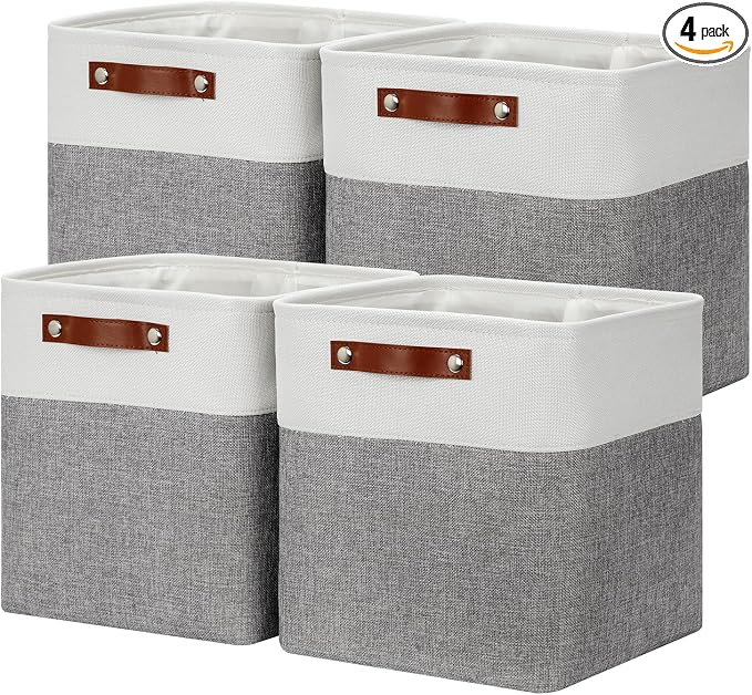 DULLEMELO [Set of 4 Storage Cubes Baskets for Organizing, 12 x 12 x 12 inch Cube Storage Organizer Bins with Leather Handles, Foldable Fabric Cloth Bins for Cube Storage(4 Pack - 12" White&Grey)