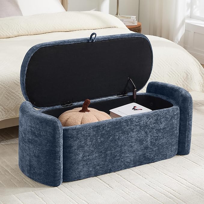 Oval Ottoman Bench with 20 Gal of Storage Space Upholstered Chenille Seat End of Bed Storage Bench Storage Ottoman with Storage for Bedroom, Living Room, Entryway, Window(Blue)