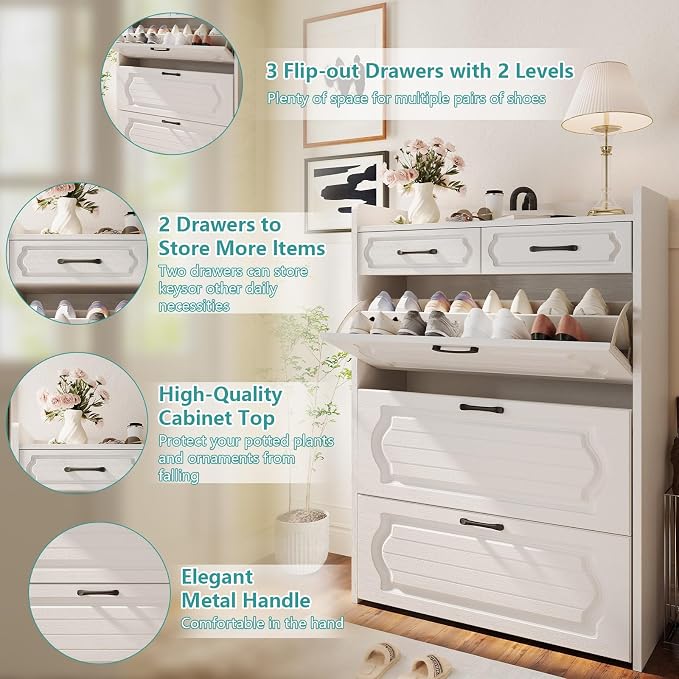 ODUWA Shoe Cabinet with 3 Flip Drawers and 2 Storage Drawers, Shoes Organizer Cabinets with Adjustable Divider, Hidden Shoe Rack Shoe Storage Cabinet for Entryway, Hallway, White