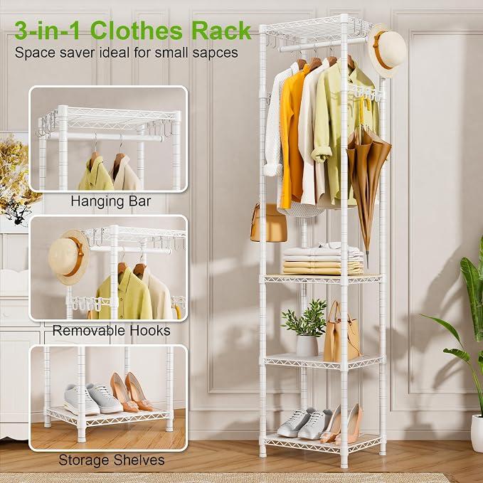 R1 Heavy Duty Clothes Rack with Storage Shelves, 448 Lbs Load, White | Heavy-duty freestanding clothes rack supports up to 448 lbs for hanging garments and daily supplies