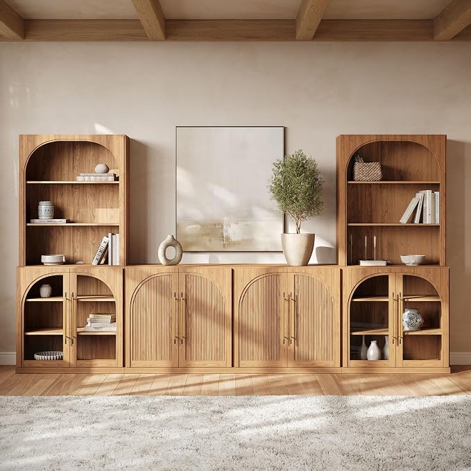 BELLEZE 6-Piece Modular TV Stand Set - 2 Double-Arc Wood Door Sideboards, 2 Arched Glass Door Sideboards, 2 Hutch Cabinets, Classic Modern Media Console with Adjustable Shelves for Living Room, Camel