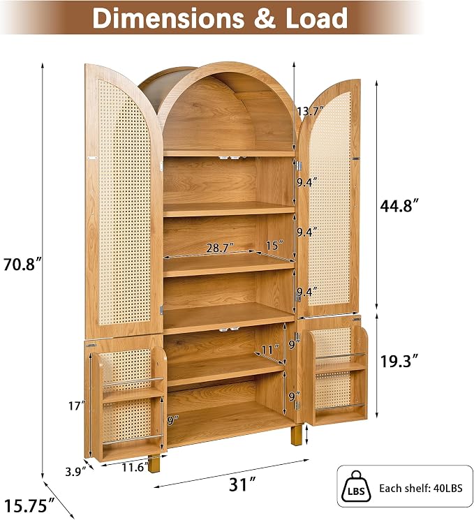 Merax 71" Arched Bookcase,Tall Pantry Storage Cabinet with Shelf Doors | Farmhouse Bookshelf with Rattan Doors Built-in Racks for Home Office,Kitchen,Dining Room,Oak