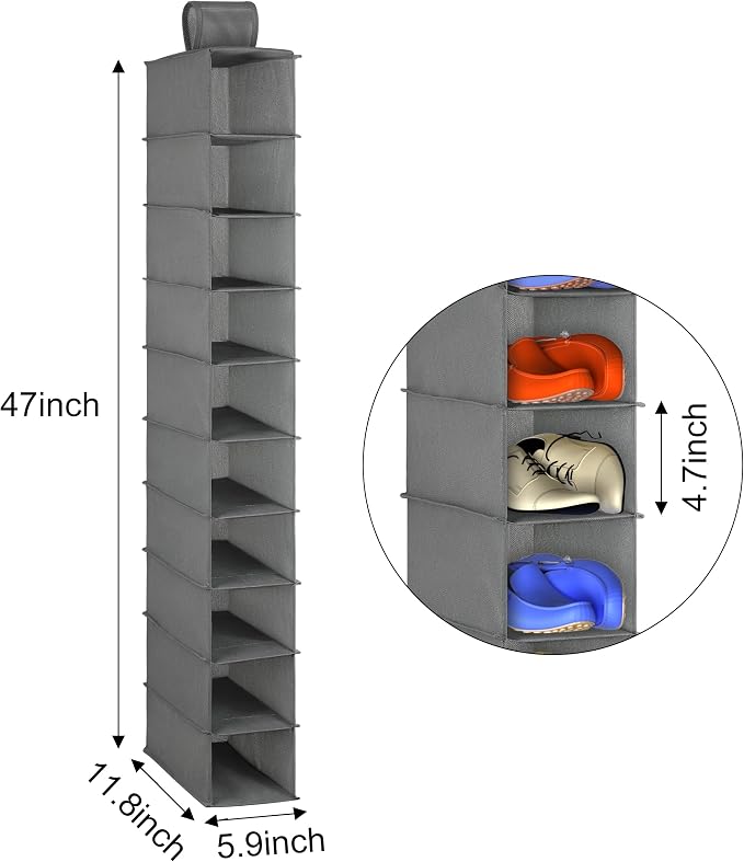 Libeder 10-Shelf Hanging Closet Shoe Organizers and Storage, Grey | Hanging Closet Organizer for Wardrode,Dorm, Folding Shoe Racks Hanger, Space Saving Hanging Shelves