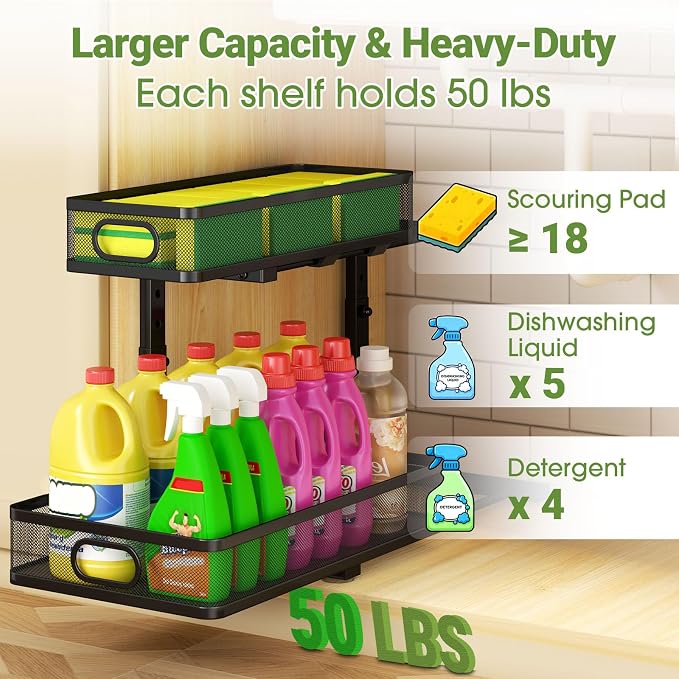 Under Sink Organizer 4-Pack, Metal 2-Tier Pull-Out Cabinet Shelf with Slide-Out Mesh Drawers, Height Adjustable, Space-Saving Storage Racks for Kitchen, Bathroom, Laundry Room