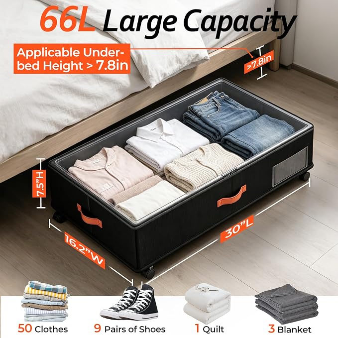 Under Bed Storage Containers - Stackable Plastic Storage Bins for Clothes, Shoes, and Household Items, Space-Saving, Clear