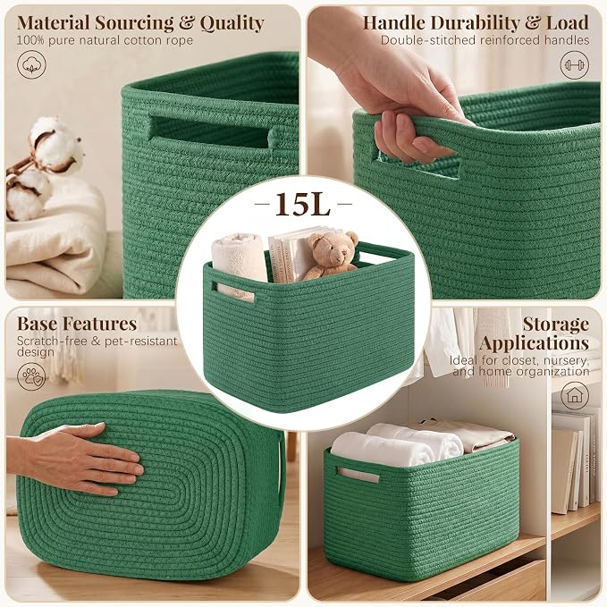 OIASKET 4Packs Natural Cotton Rope Storage Baskets for Organizing Toys, Clothes, Towels & Books, Soft Versatile Organizers for Shelves, Home Decorative Bins, 13''Lx9''Wx7.8''H, Green
